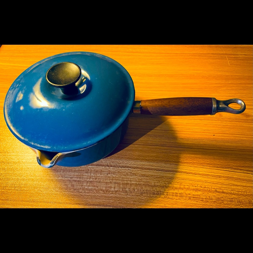 Blue #18 Le Creuset Saucier Pan with Spout and Wood Handle - Enameled Cast Iron